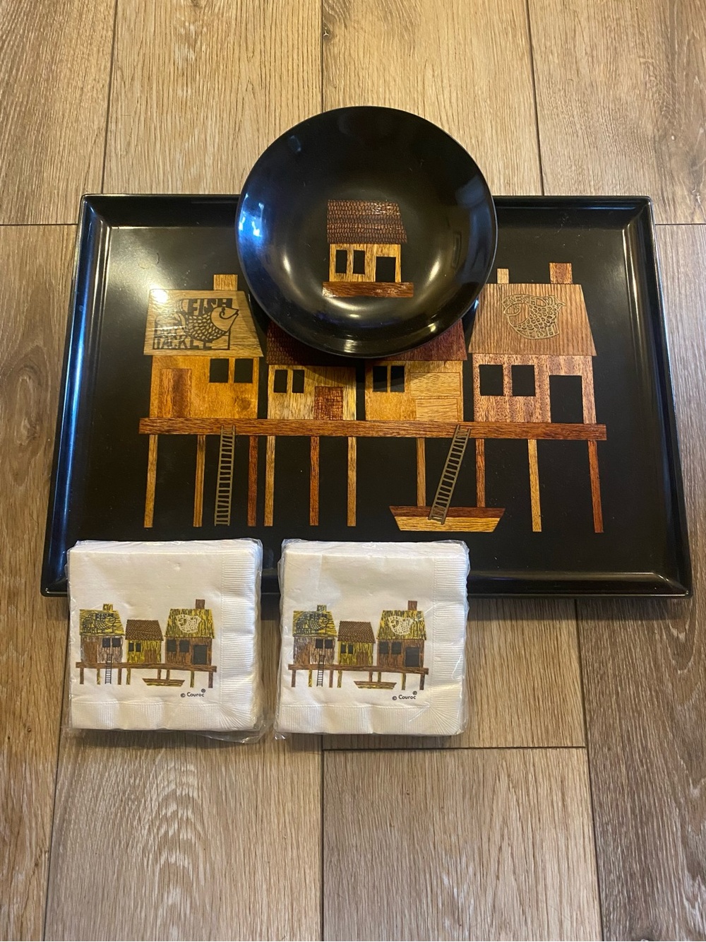 VTG Couroc Of Monterey Inlaid Fishing Village Set Serving Tray Bowl Rare Napkins